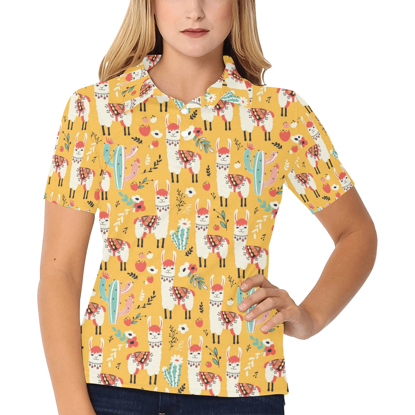 Llama Cute Themed Print Women's Polo Shirt