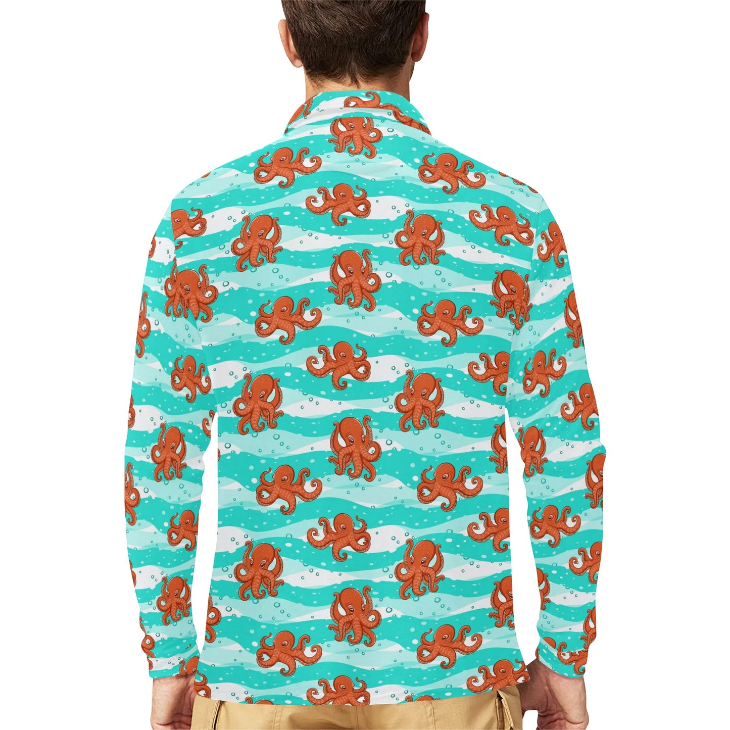 Octopus Cute Design Print Themed Long Sleeve Polo Shirt For Men's