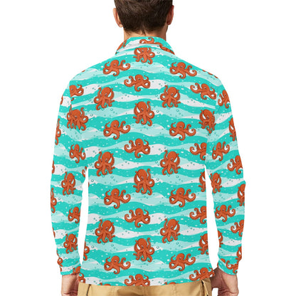 Octopus Cute Design Print Themed Long Sleeve Polo Shirt For Men's