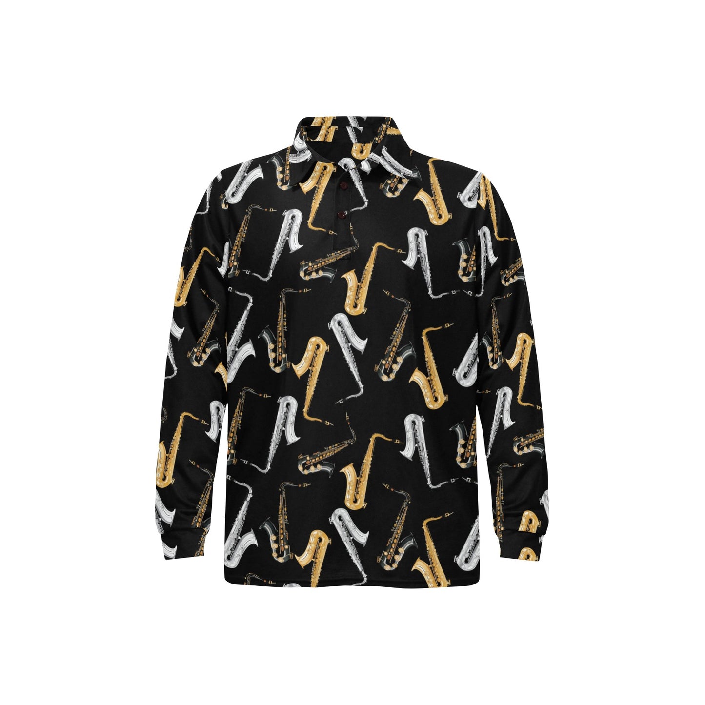 Saxophone Pattern Print Design 01 Long Sleeve Polo Shirt For Men's