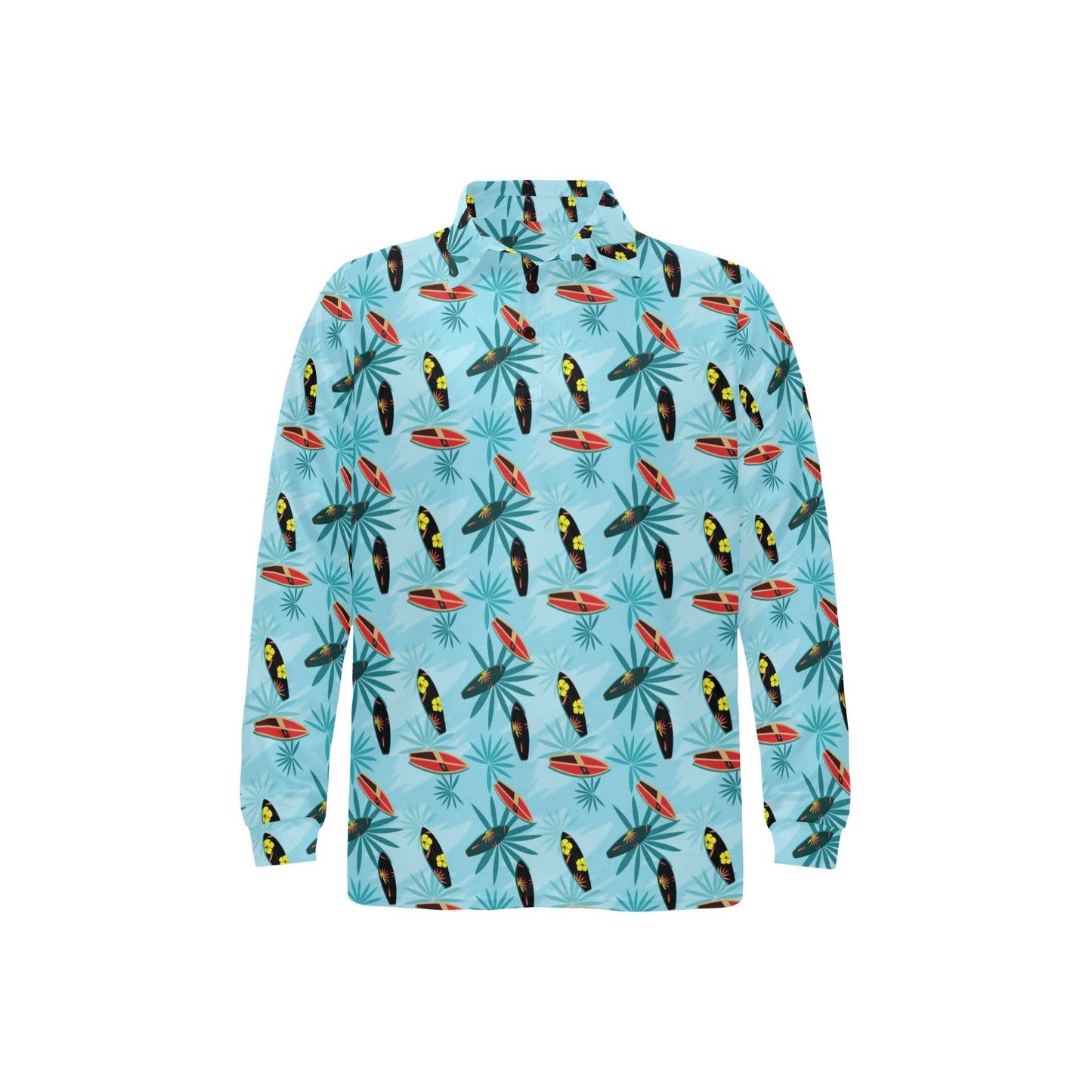 Surfboard Themed Pattern Long Sleeve Polo Shirt For Men's