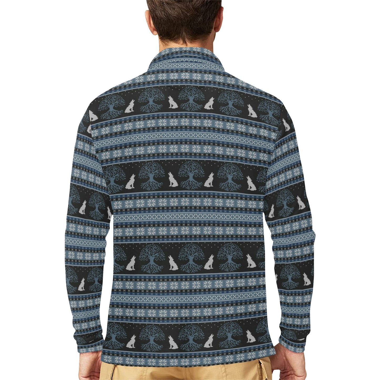 Wolf Tree of Life Knit Design Print Long Sleeve Polo Shirt For Men's