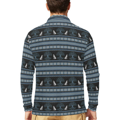 Wolf Tree of Life Knit Design Print Long Sleeve Polo Shirt For Men's