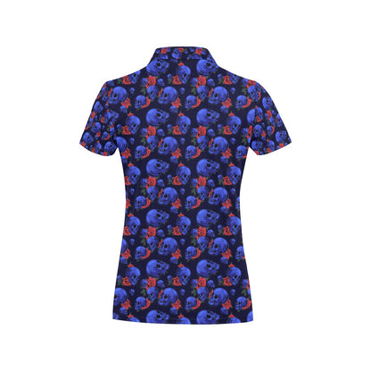 Skull Roses Neon Design Themed Print Women's Polo Shirt