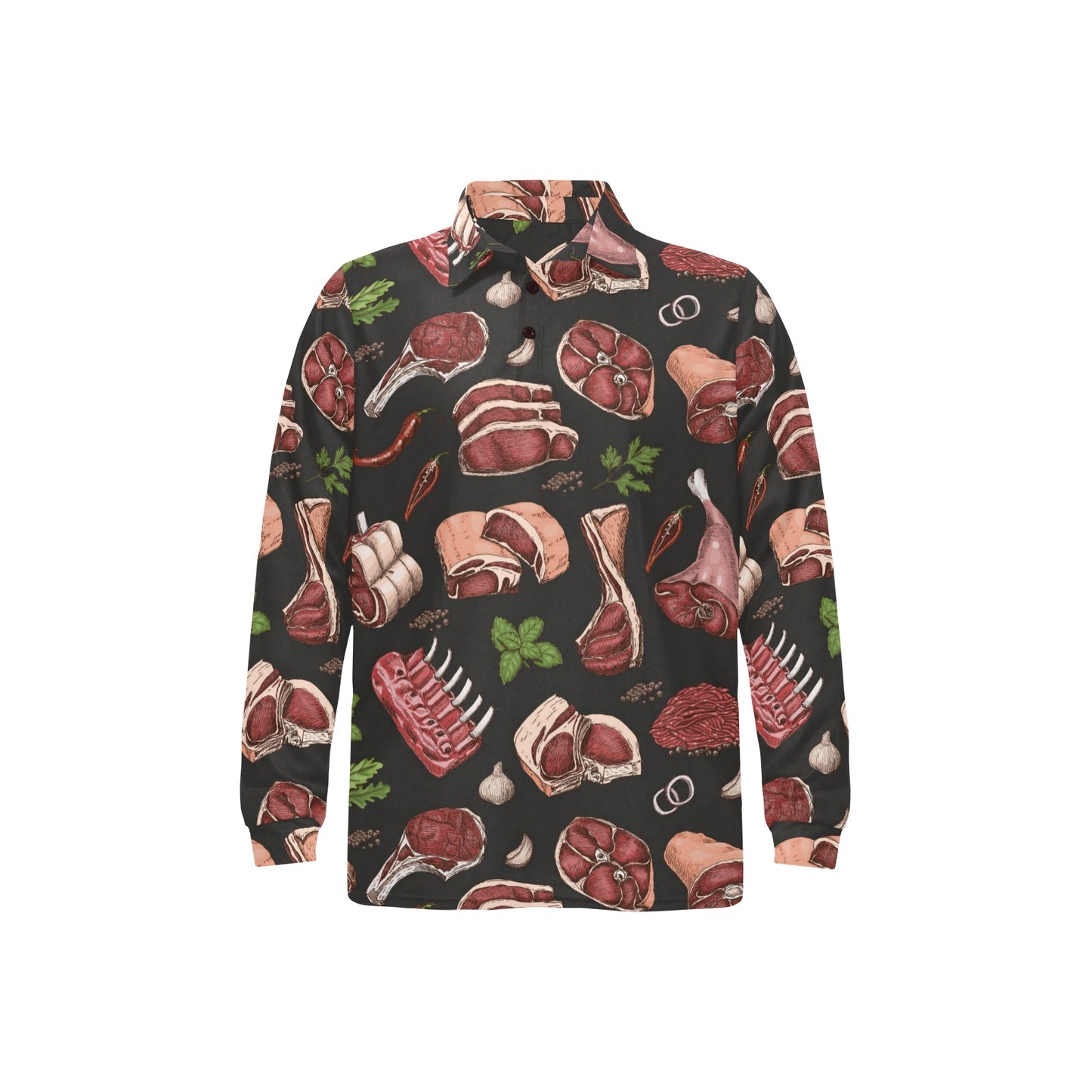 Meat Pattern Print Design 02 Long Sleeve Polo Shirt For Men's