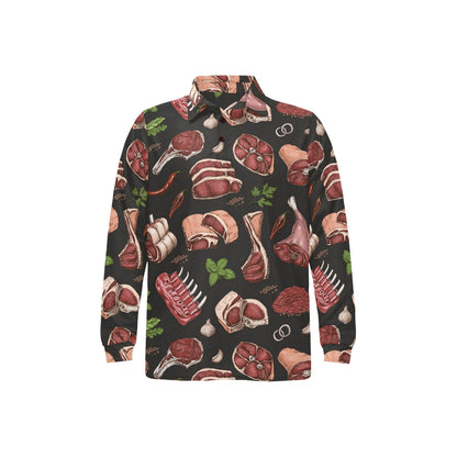 Meat Pattern Print Design 02 Long Sleeve Polo Shirt For Men's