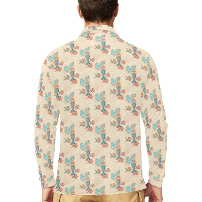 Mermaid Girl With Fish Design Print Long Sleeve Polo Shirt For Men's