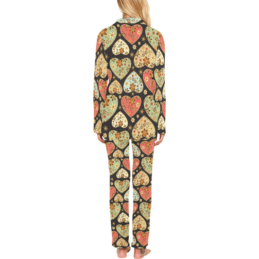 Heart Boho Pattern Print Design HE04 Women's Long Pajama Set