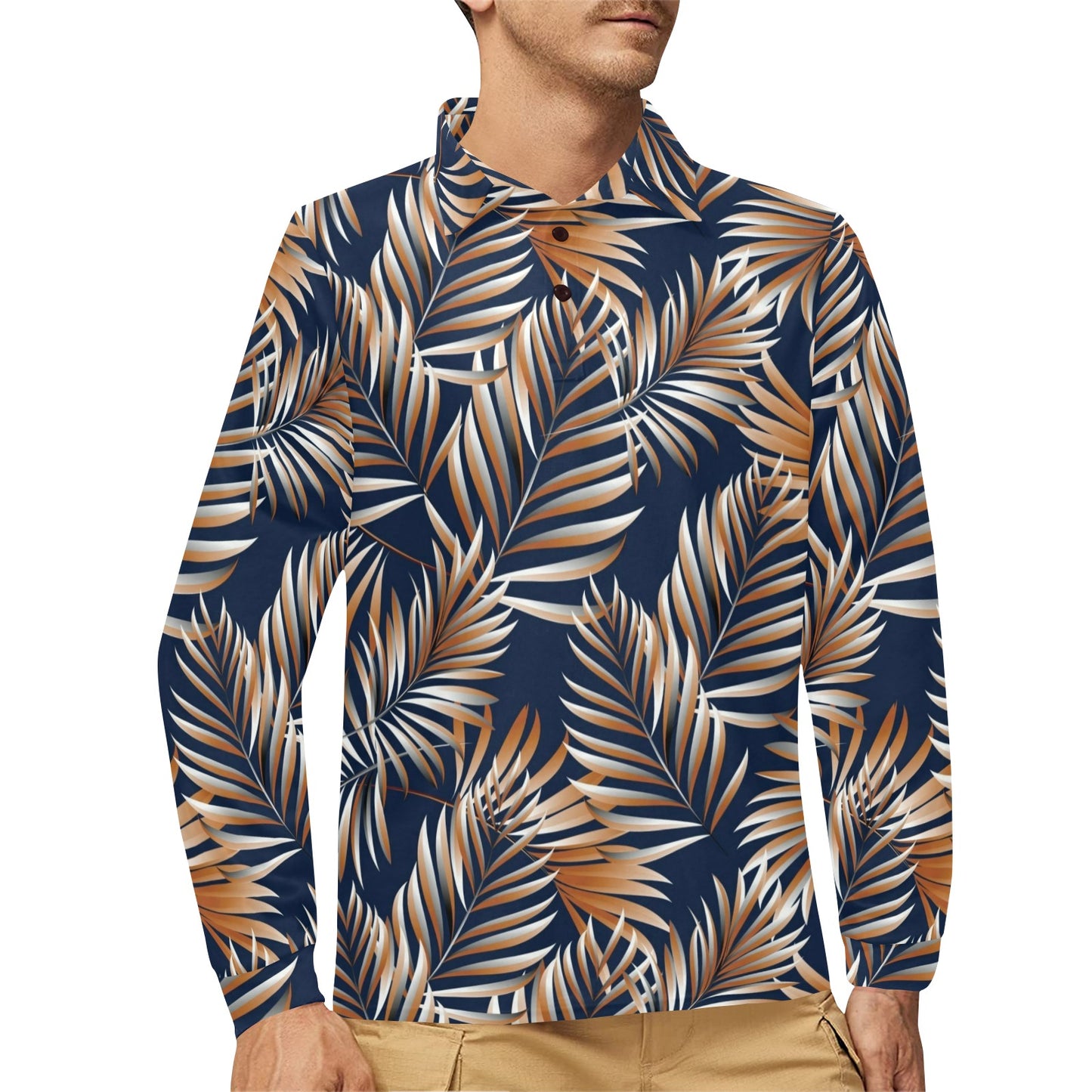 Tropical Flower Pattern Print Design TF07 Long Sleeve Polo Shirt For Men's