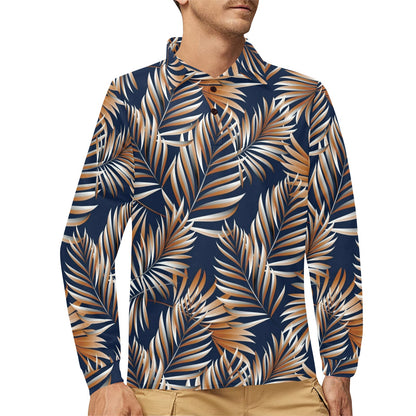Tropical Flower Pattern Print Design TF07 Long Sleeve Polo Shirt For Men's
