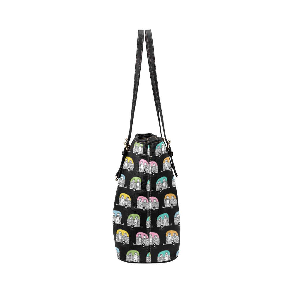 Camper Pattern Camping Themed No 2 Print Leather Tote Bag