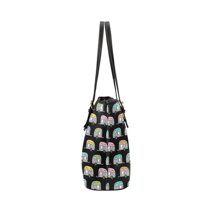 Camper Pattern Camping Themed No 2 Print Leather Tote Bag