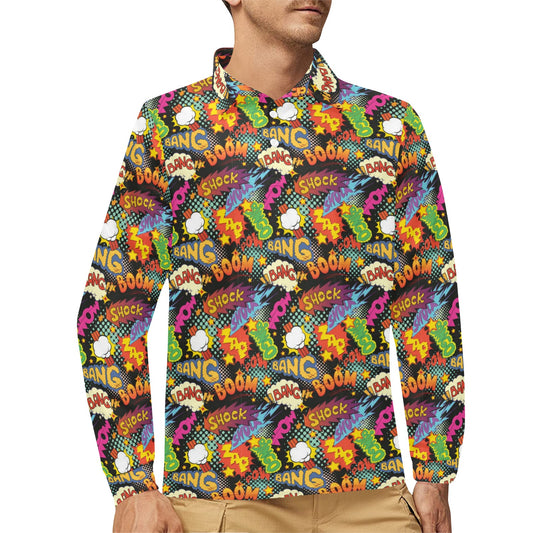 Comic Book Pattern Print Design 01 Long Sleeve Polo Shirt For Men's