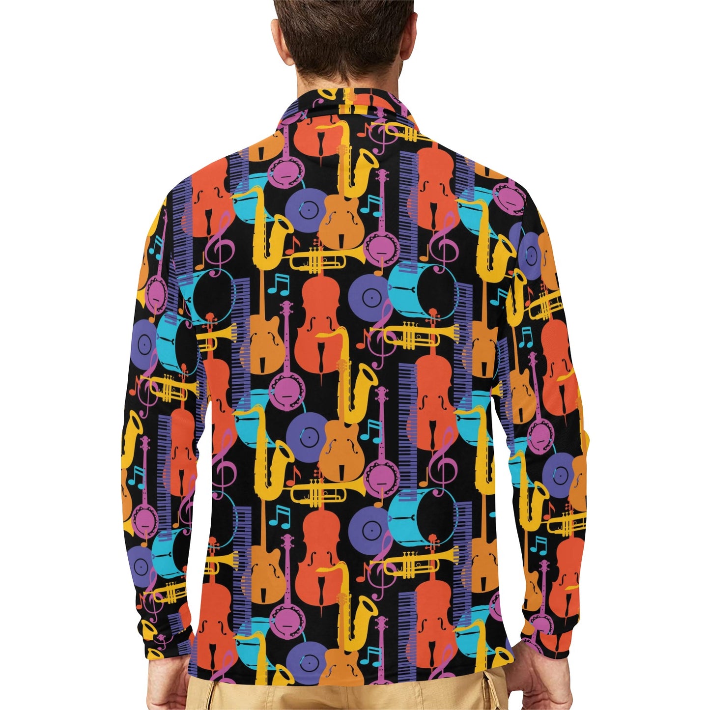 Jazz Pattern Print Design 03 Long Sleeve Polo Shirt For Men's