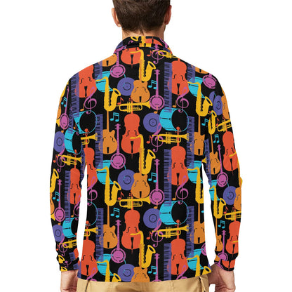Jazz Pattern Print Design 03 Long Sleeve Polo Shirt For Men's