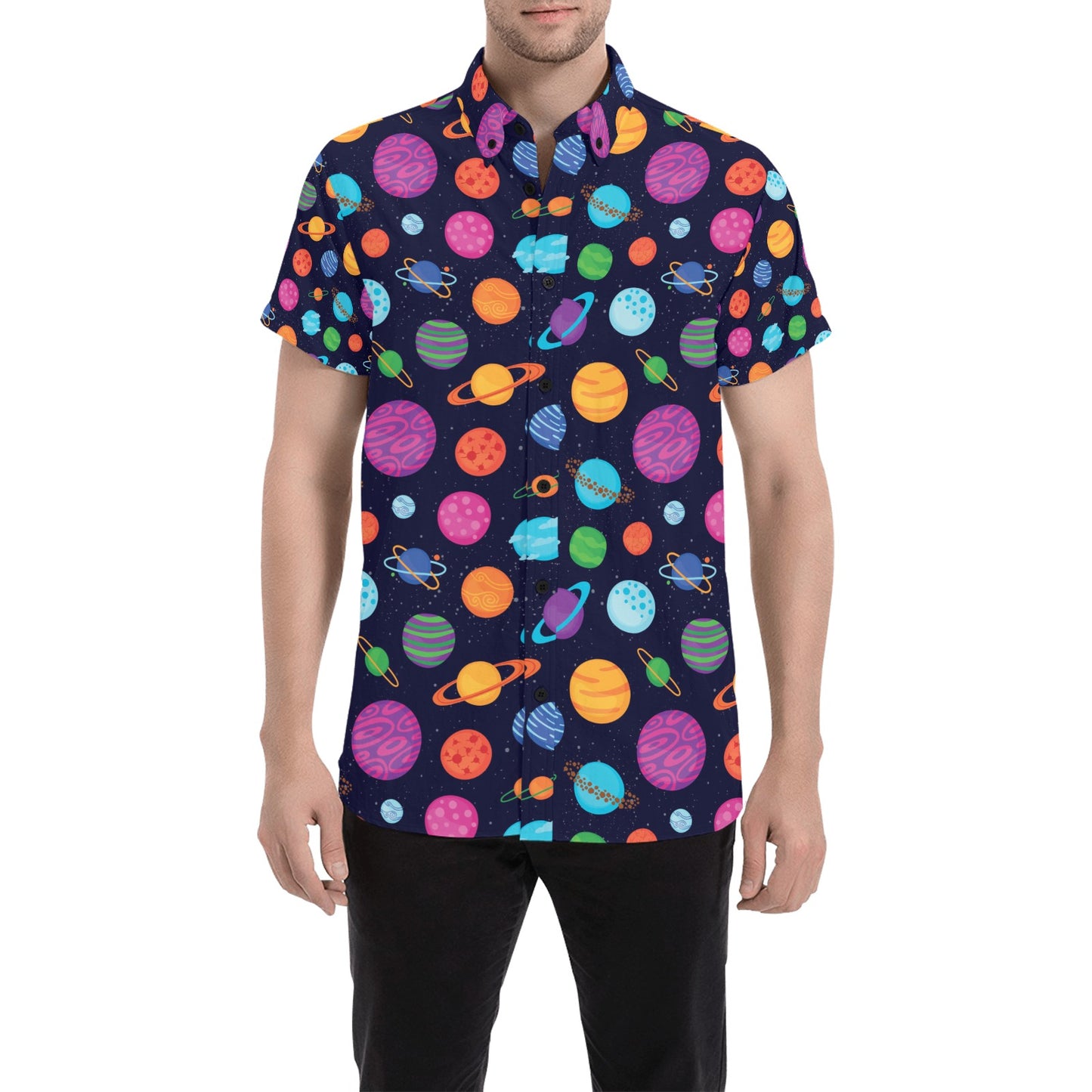 Planet Multicolor Print Design LKS302 Men Short Sleeve Button Up Shirt