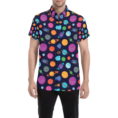 Planet Multicolor Print Design LKS302 Men Short Sleeve Button Up Shirt