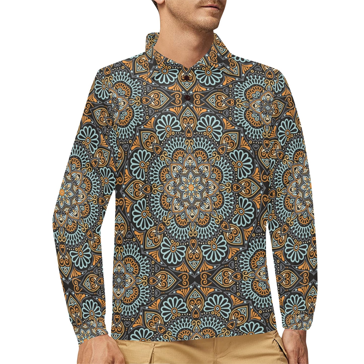 Mandala Pattern Print Design 05 Long Sleeve Polo Shirt For Men's