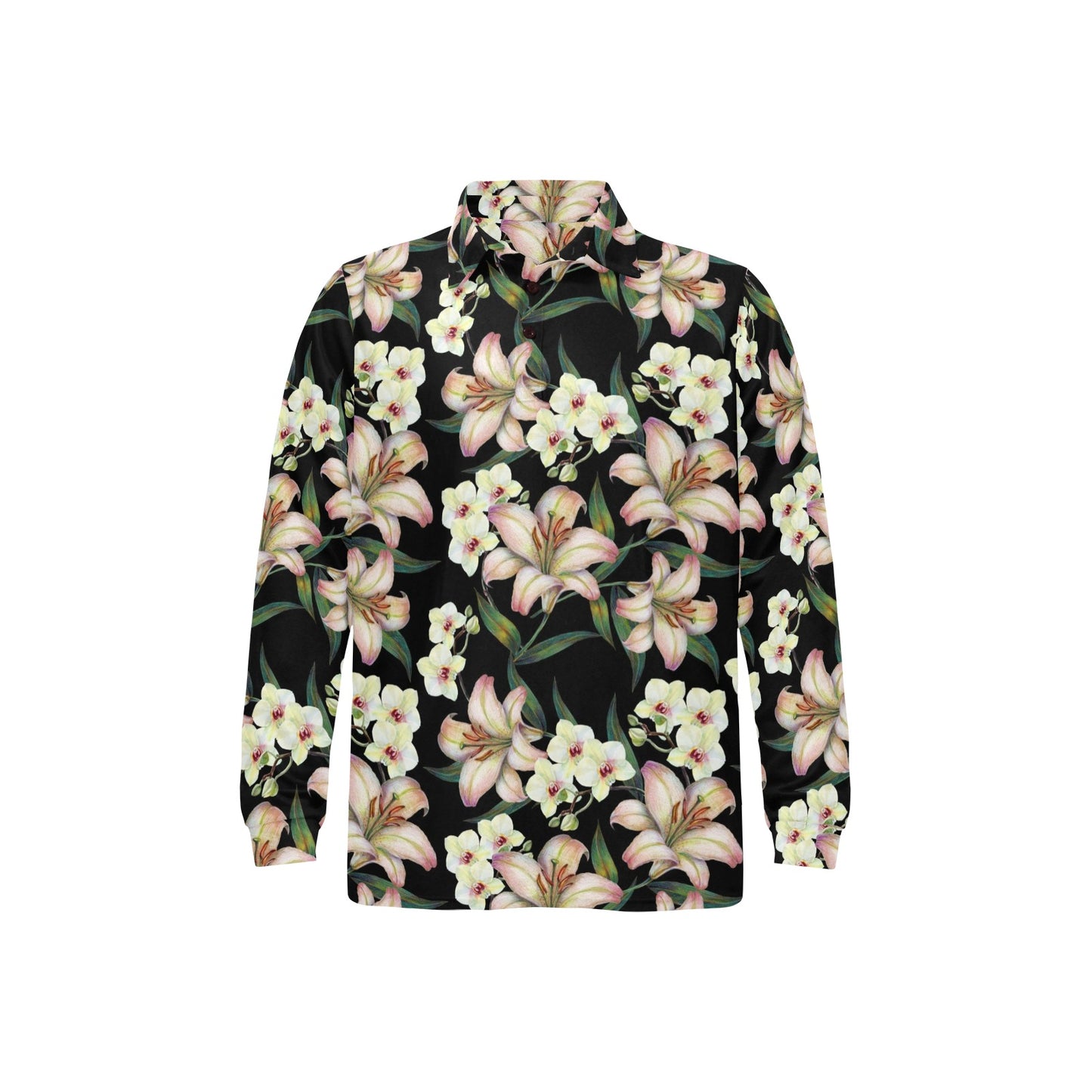 Lily Pattern Print Design LY03 Long Sleeve Polo Shirt For Men's