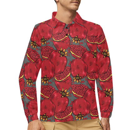 Pomegranate Pattern Print Design PG05 Long Sleeve Polo Shirt For Men's