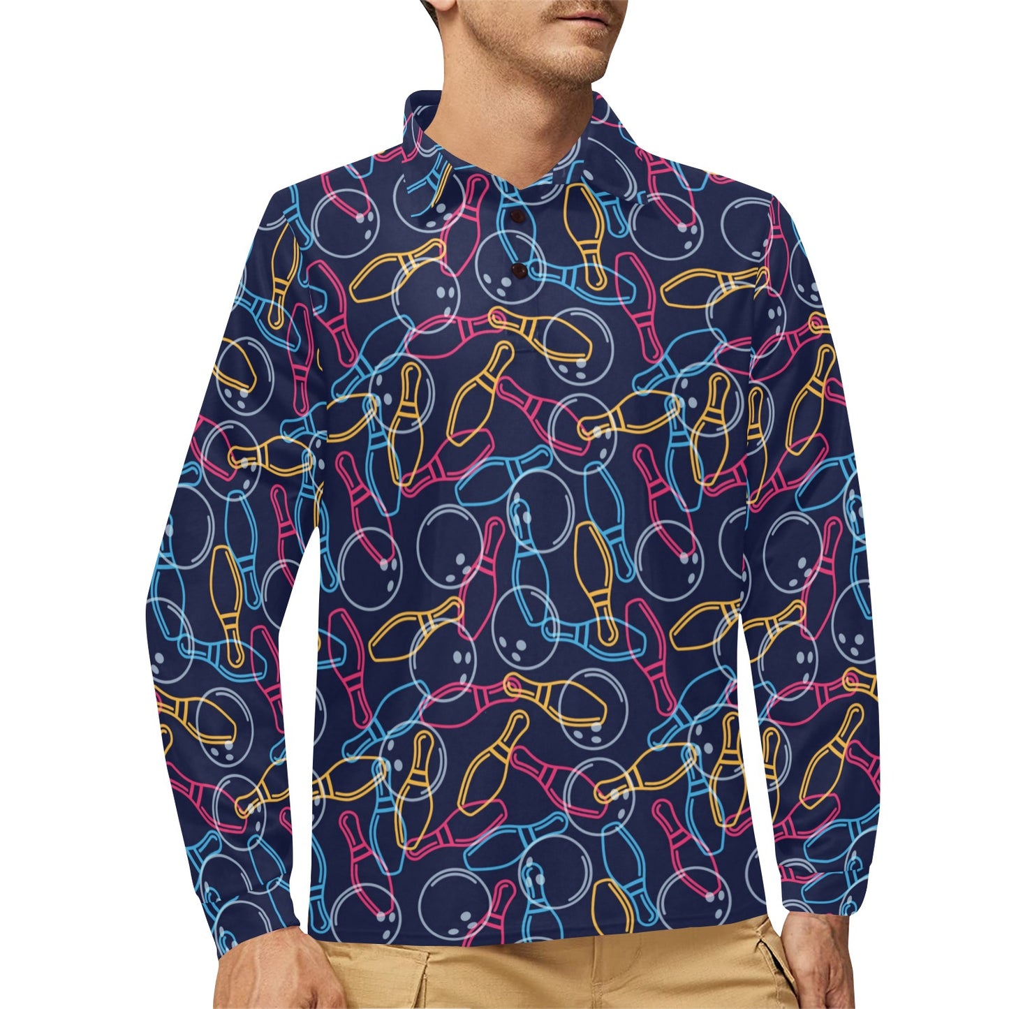 Bowling Pattern Print Design 07 Long Sleeve Polo Shirt For Men's