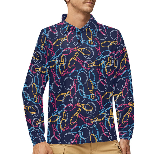 Bowling Pattern Print Design 07 Long Sleeve Polo Shirt For Men's