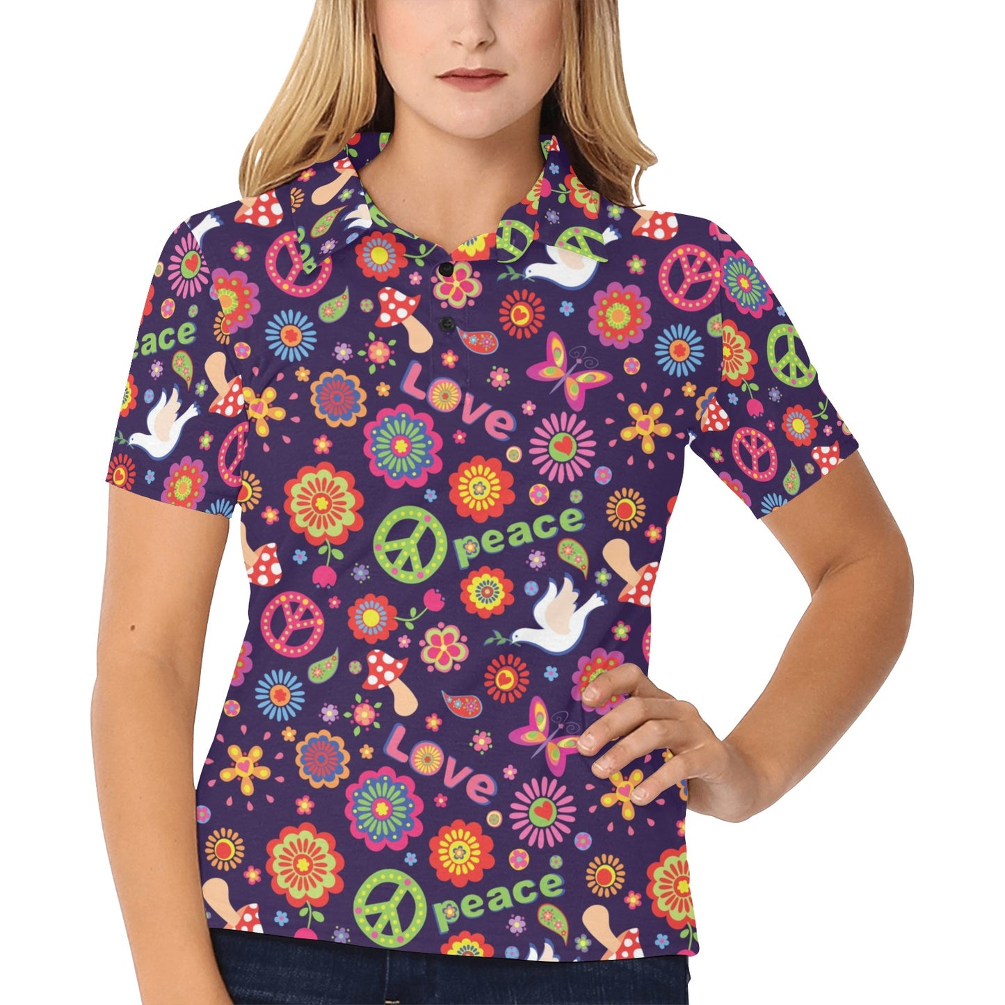 Flower Power Peace Design Print Women's Polo Shirt
