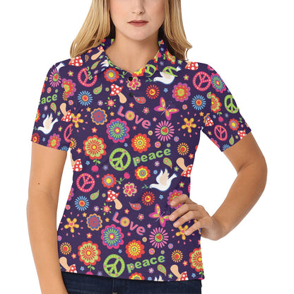 Flower Power Peace Design Print Women's Polo Shirt