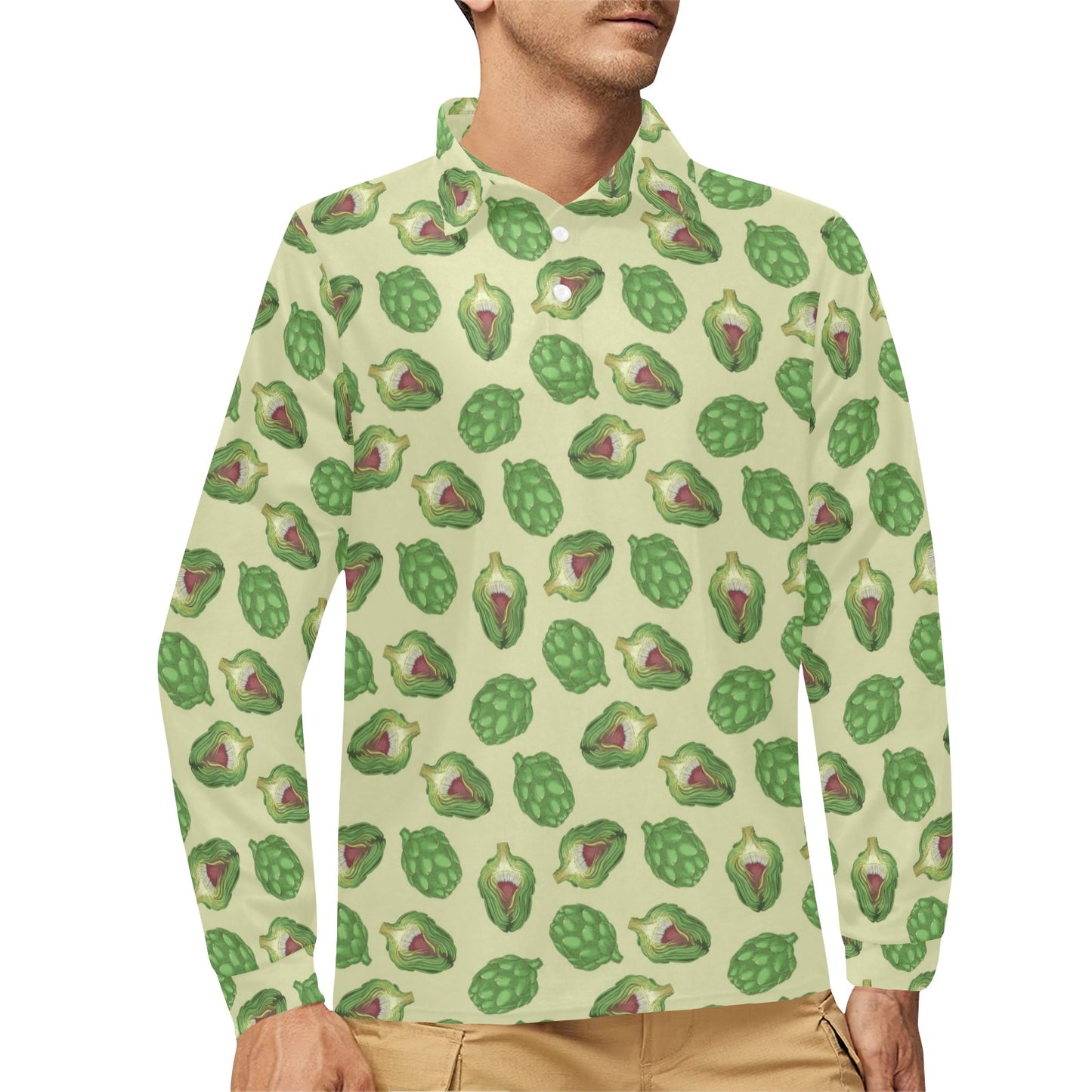 Artichoke Pattern Print Design 03 Long Sleeve Polo Shirt For Men's