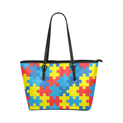 Autism Awareness Puzzles Design Print Leather Tote Bag