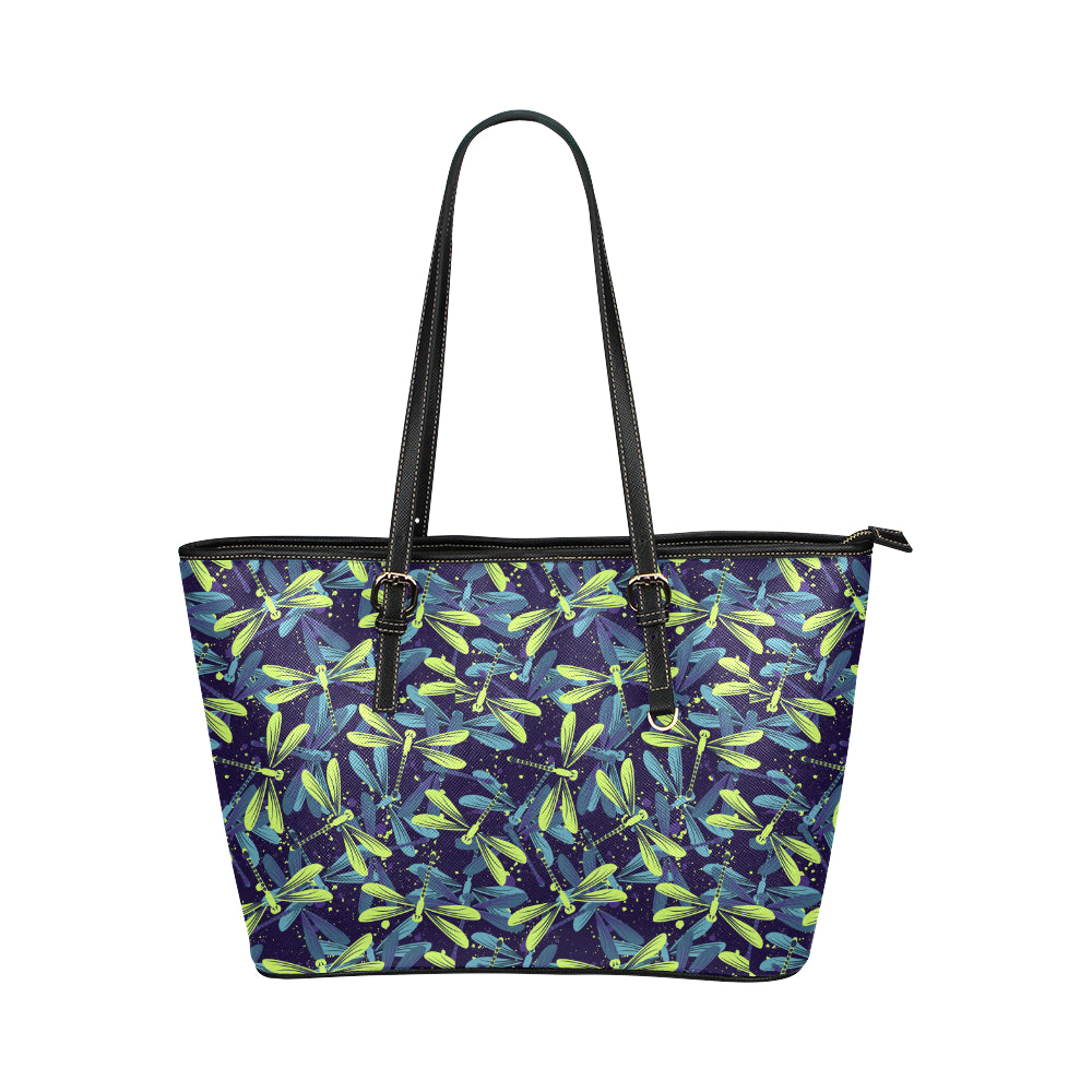 Dragonfly Lime Blue Print Pattern Leather Tote Bag