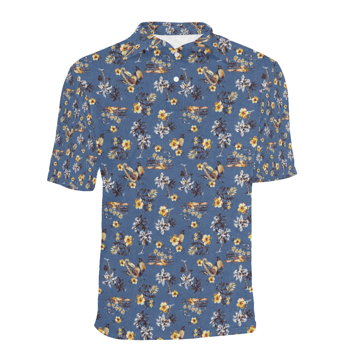 Hawaiian Flower Blue Print Men Polo Shirt