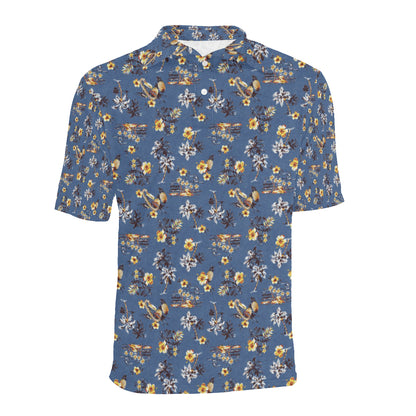 Hawaiian Flower Blue Print Men Polo Shirt
