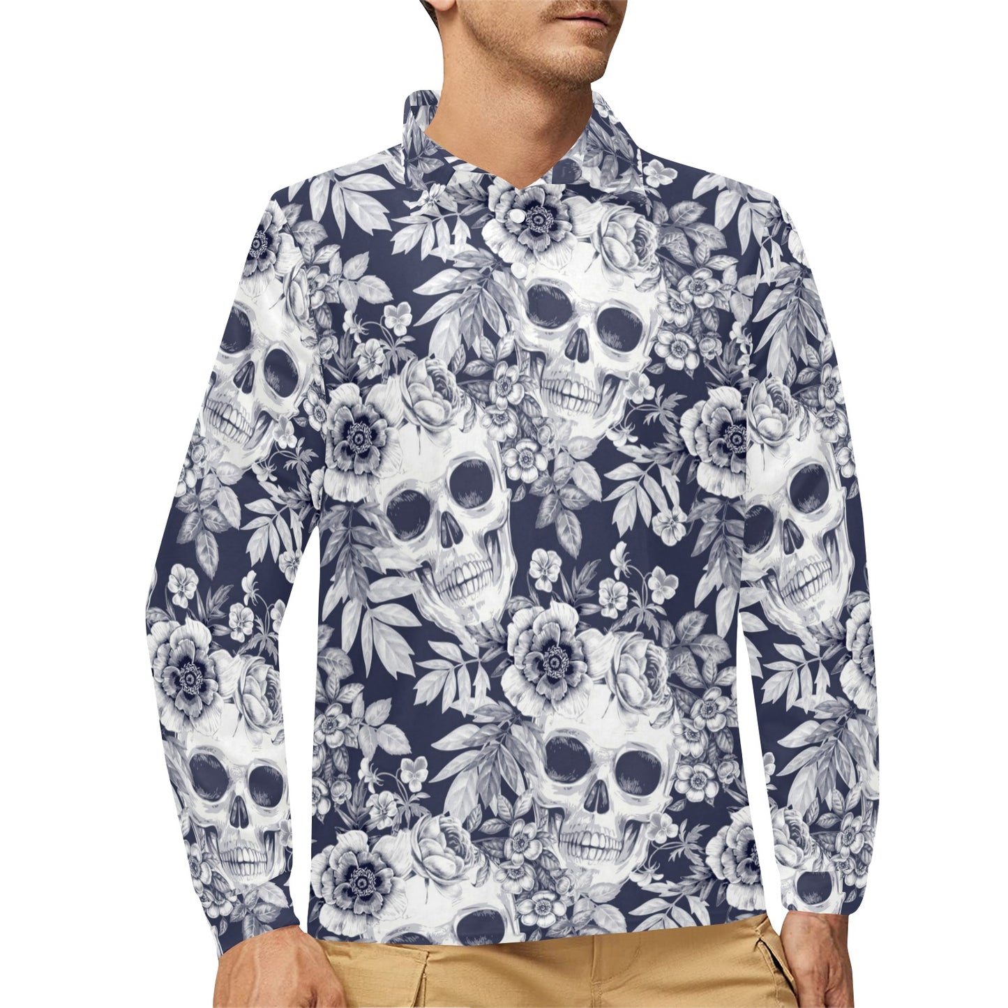 Skull Floral Beautiful Long Sleeve Polo Shirt For Men's