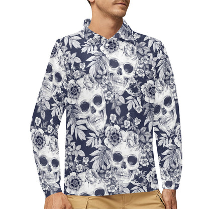 Skull Floral Beautiful Long Sleeve Polo Shirt For Men's