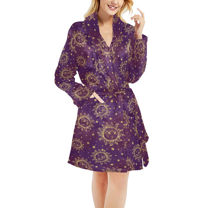Sun Moon Star Design Themed Print Women's Fleece Robe