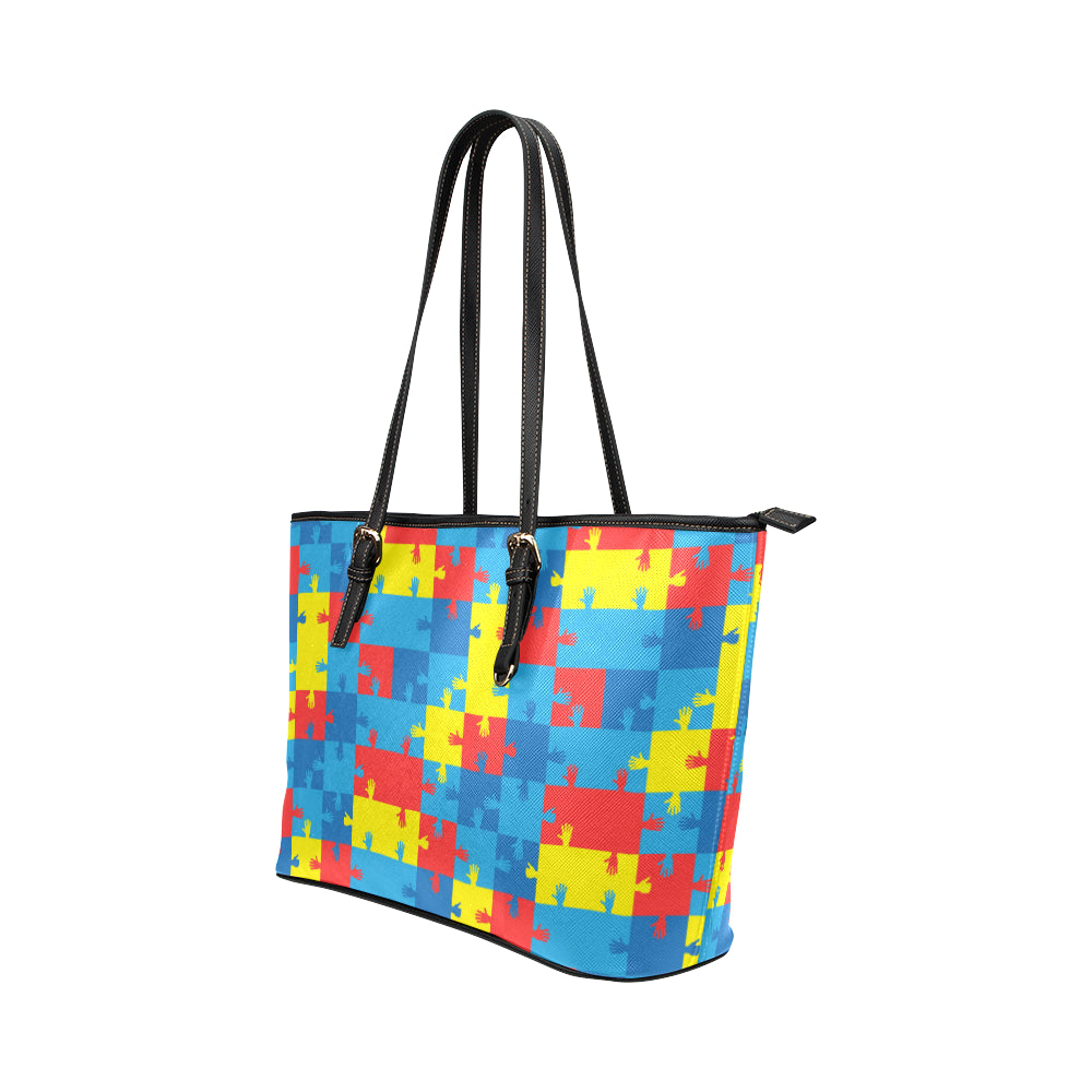Autism Awareness Design Themed Print Leather Tote Bag