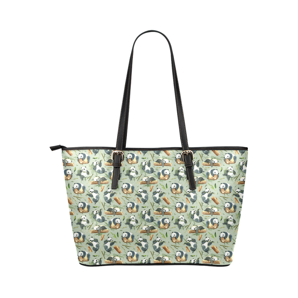 Panda Bear Design Bamboo Print Leather Tote Bag