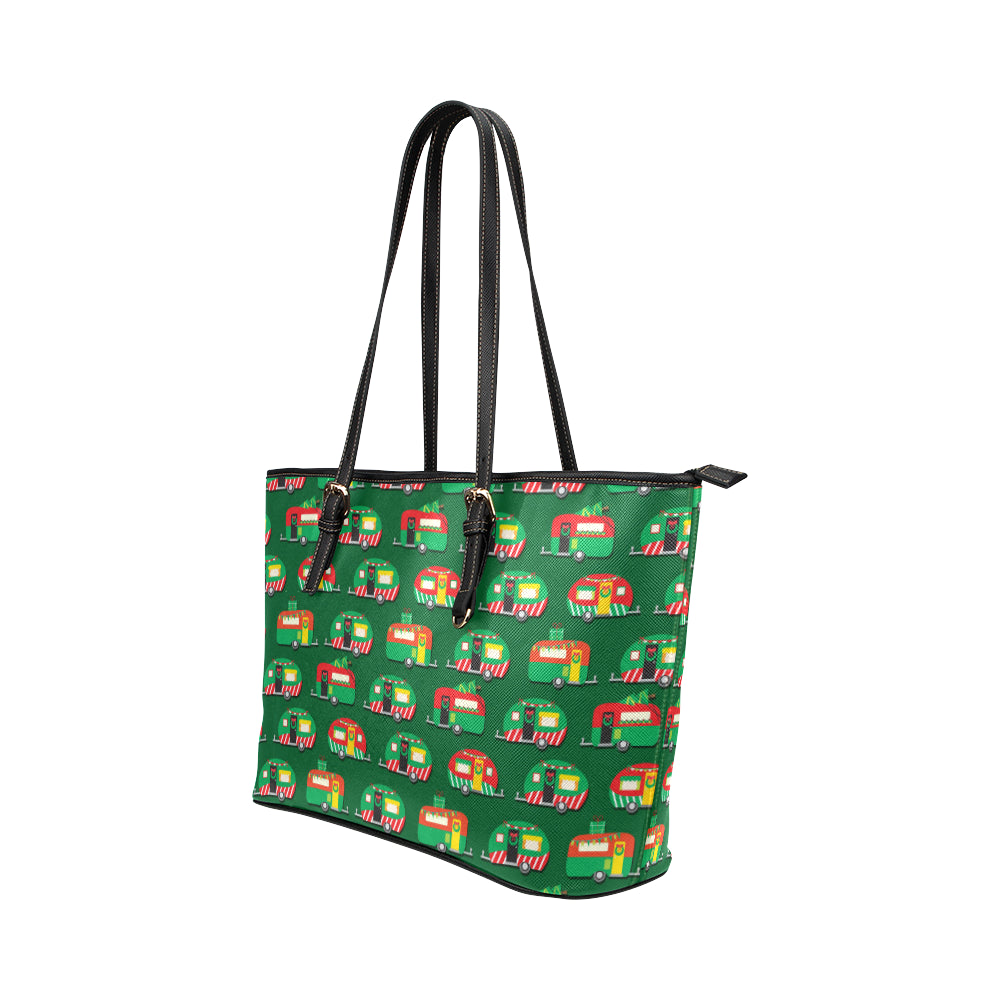 Camper Camping Christmas Themed Print Leather Tote Bag