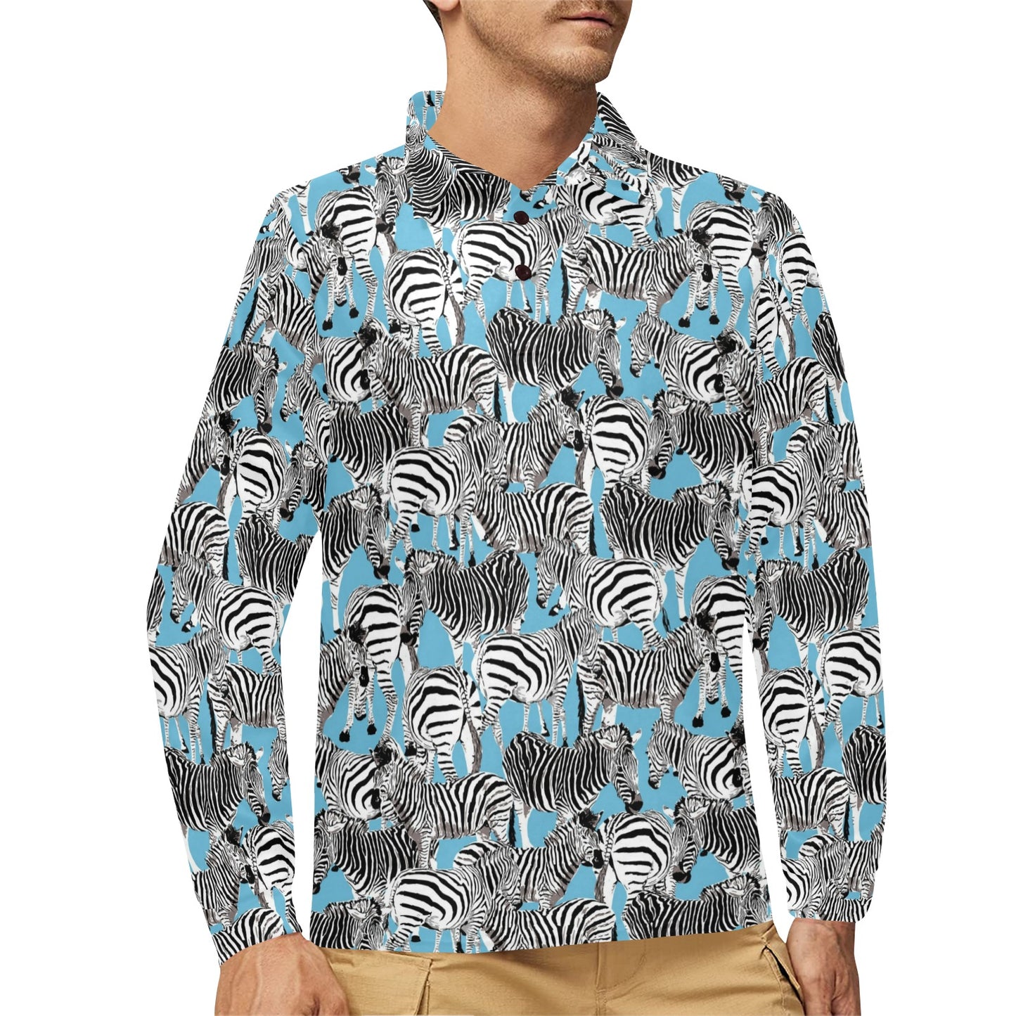 Zebra Print Design LKS305 Long Sleeve Polo Shirt For Men's