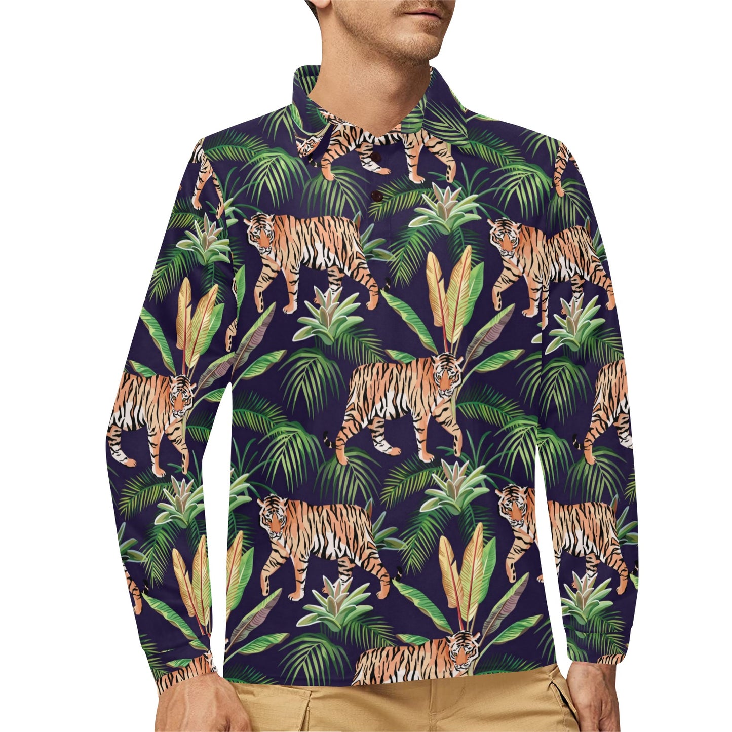 Tiger Jungle Long Sleeve Polo Shirt For Men's