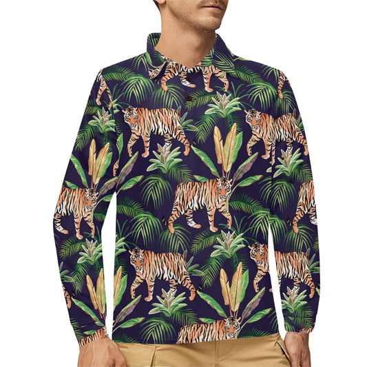 Tiger Jungle Long Sleeve Polo Shirt For Men's