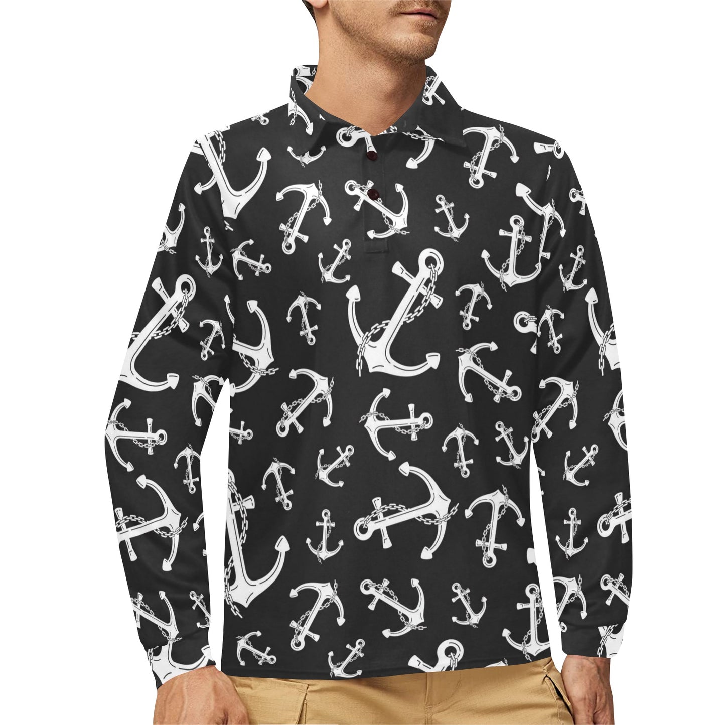 Anchor Black White Long Sleeve Polo Shirt For Men's