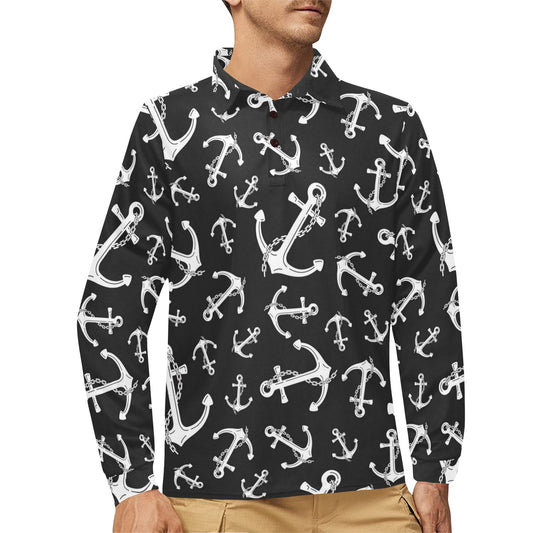 Anchor Black White Long Sleeve Polo Shirt For Men's
