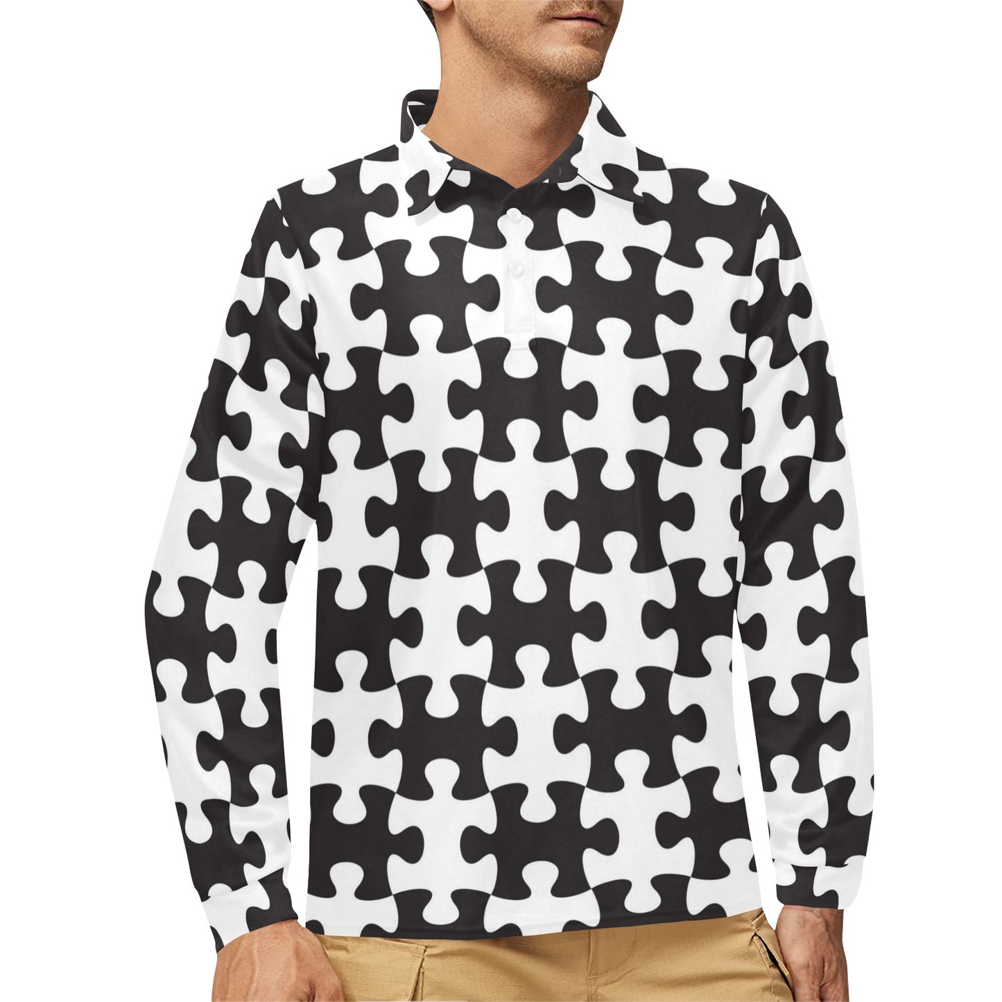 Puzzle Black White Pattern Print Design A02 Long Sleeve Polo Shirt For Men's
