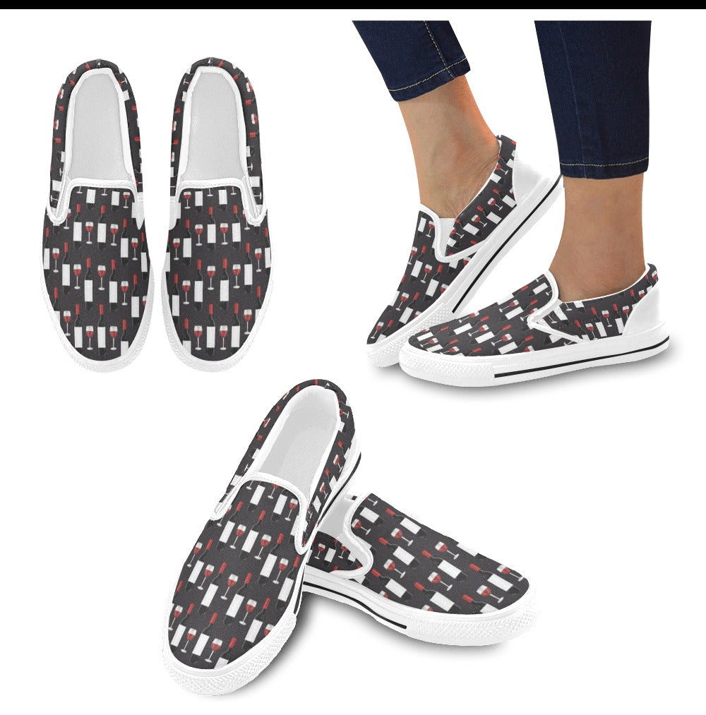 Wine Print Design LKS309 White Slip Ons Canvas Women's Shoes
