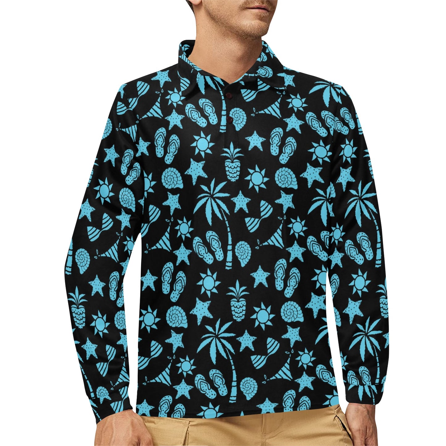 Beach Scene Pattern Print Design 03 Long Sleeve Polo Shirt For Men's