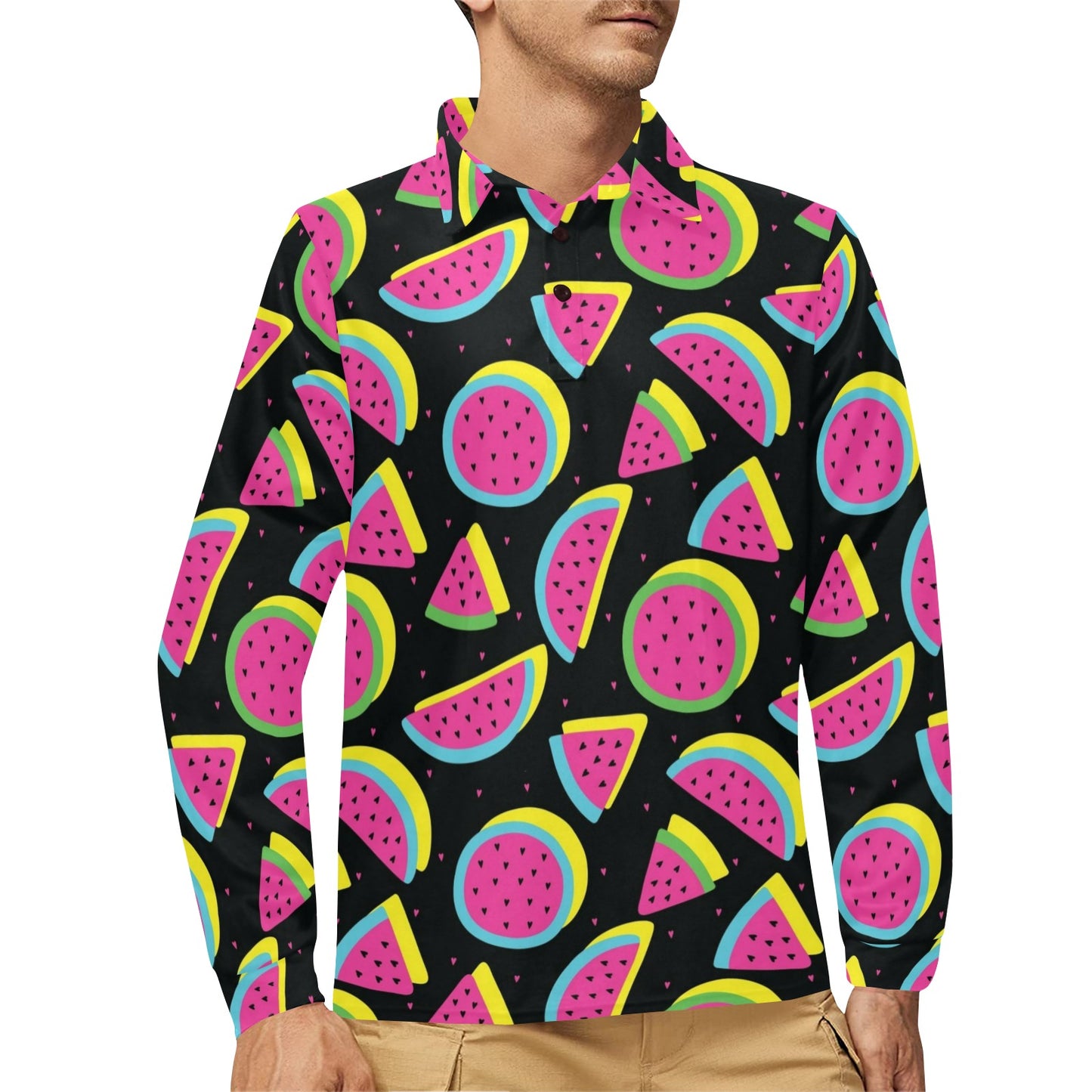 Watermelon Pattern Print Design WM07 Long Sleeve Polo Shirt For Men's