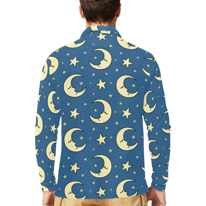 Moon Night Pattern Print Design 03 Long Sleeve Polo Shirt For Men's