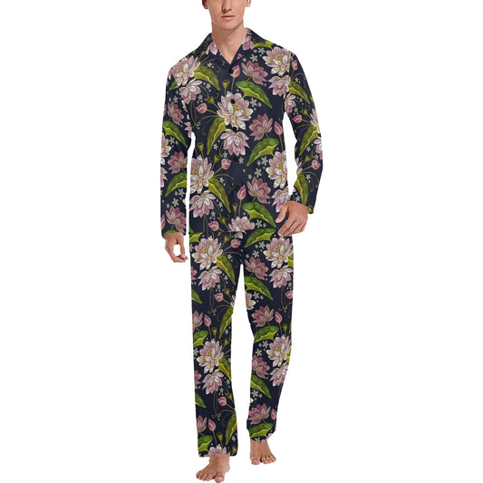 lotus Embroidered Pattern Print Design LO06 Men's Long Pajama Set